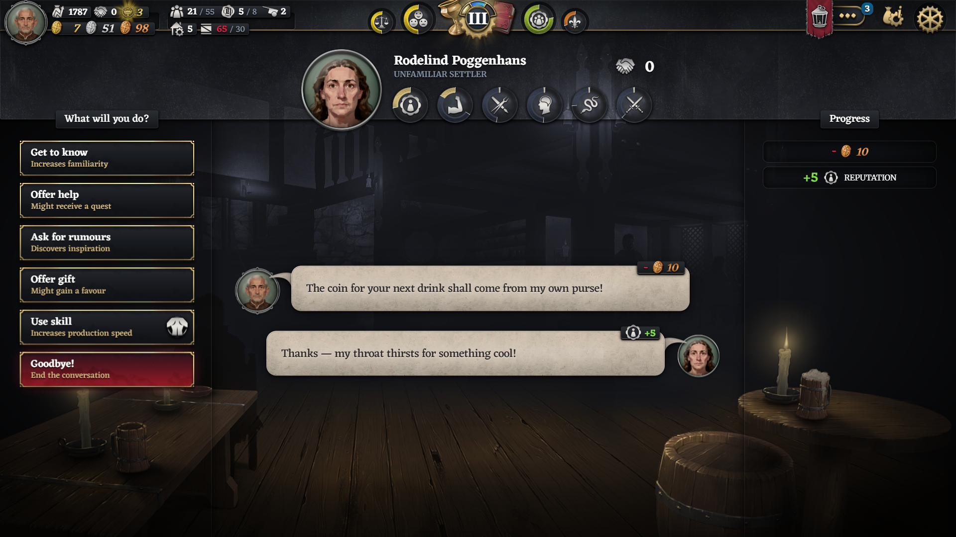Official Tavern conversation menu with five named choices and Goodbye