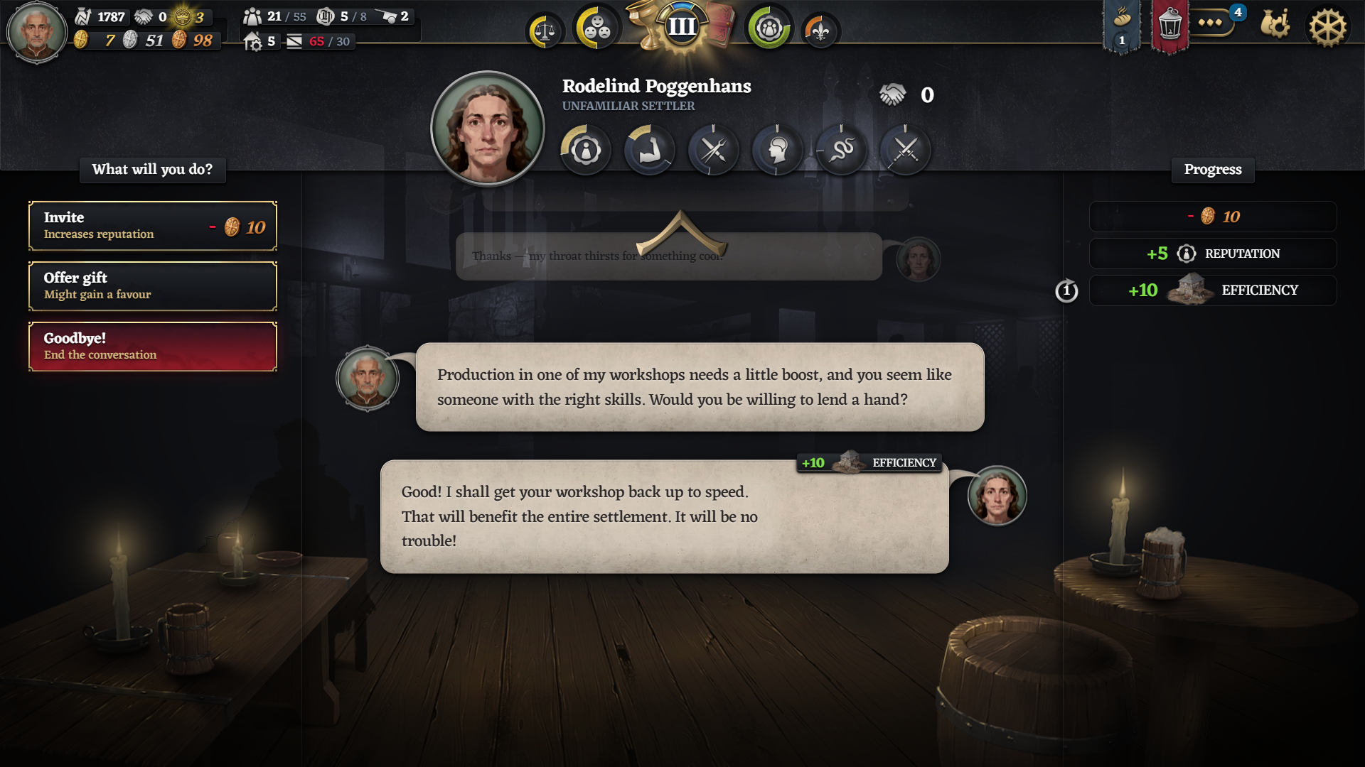 Official Tavern skill result showing plus ten Efficiency